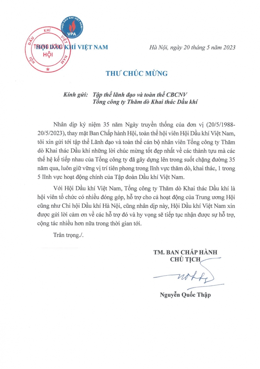 Chủ tịch Hội Dầu khí Việt Nam gửi thư chúc mừng Kỷ niệm 35 năm Ngày truyền thống của PVEP